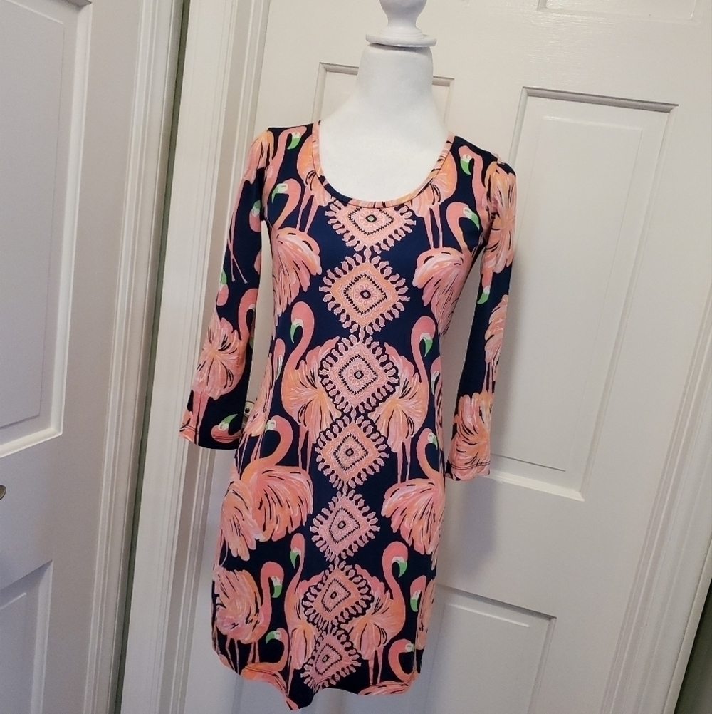 Lilly Pulitzer Beacon Dress Flamingo Print Size XXS, 100% Pima Cotton, Preppy